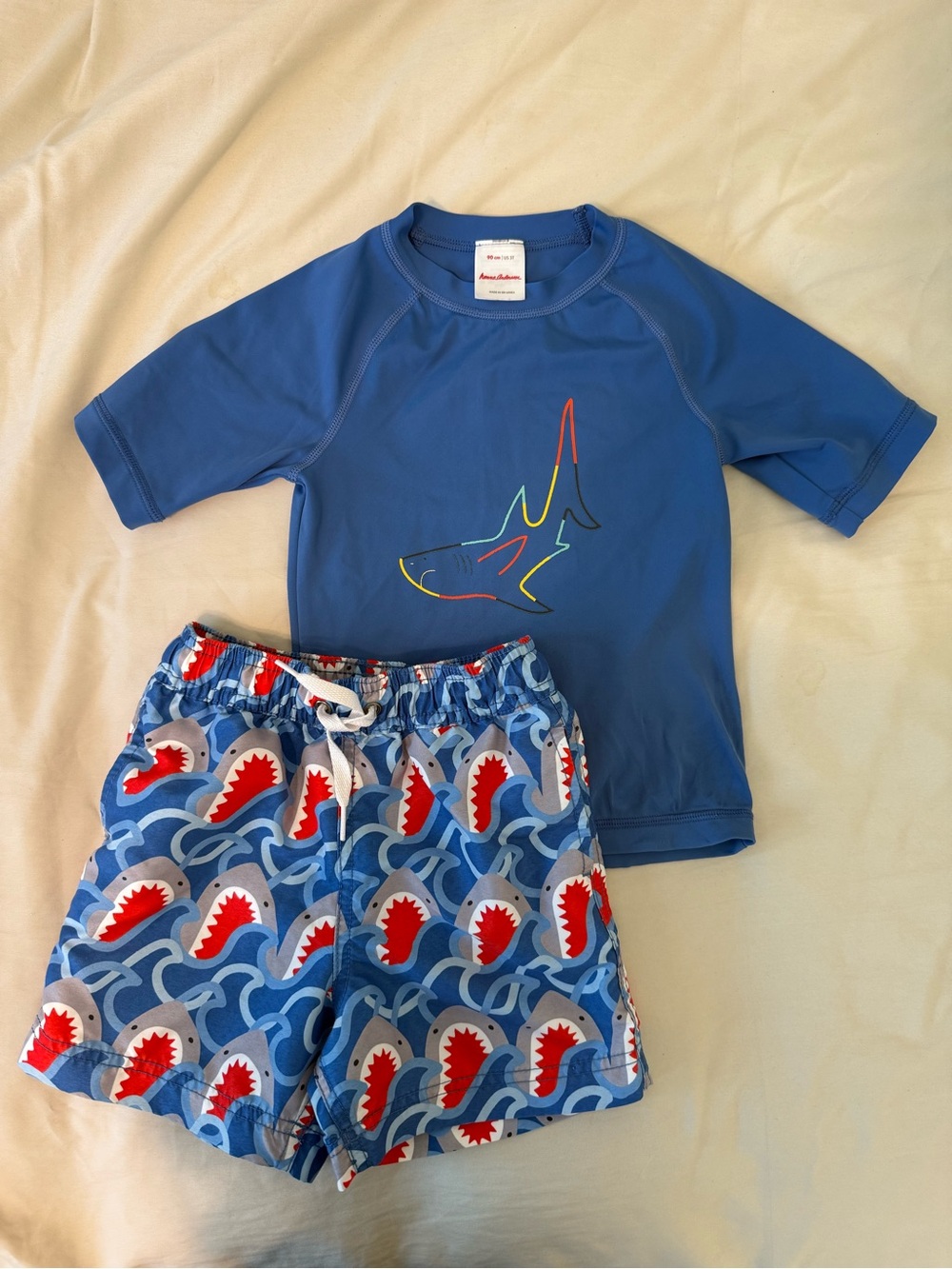 Hanna Andersson Blue Shark Rash Guard & Shark-Print Swim Trunks // 3T Boys